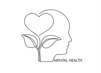 One continuous single line of human head with heart shape flower inside. Mental health concept vector illustration. Psychological therapy and treatment. World mental health day.