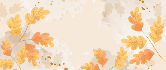 Luxurious autumn oak leaves, on a watercolor vector background. Abstract wallpaper design with oak leaf branch, leaves, gold. Elegant fall season botanical illustration suitable for fabric, prints