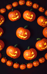 Halloween pumpkins on a dark background. Generative AI.