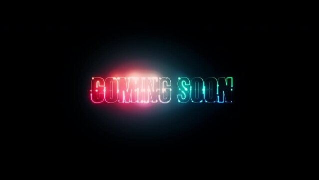 Coming Soon glow flash colorful neon laser text animation on black abstract background.