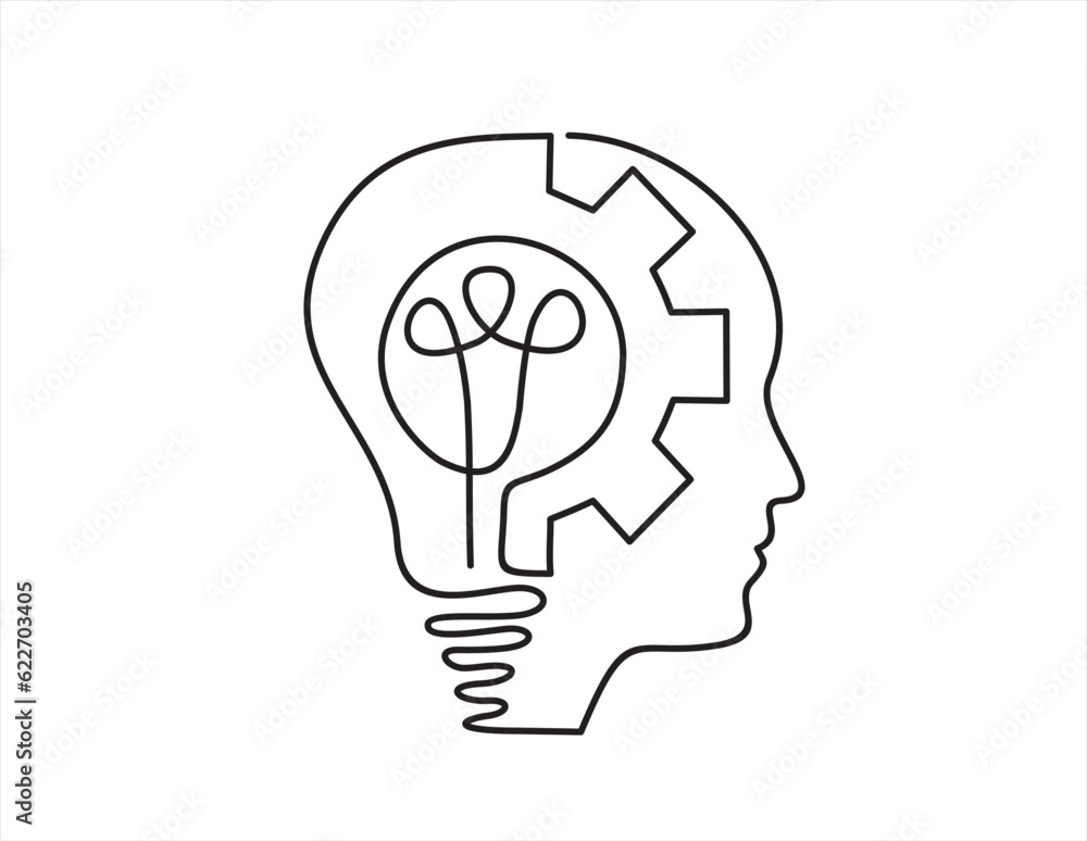 Poster continuous one line drawing of man head with lightbulb with gears as line drawing on white backgroun