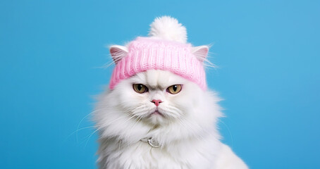 White cat in a pink warm hat on a blue background.