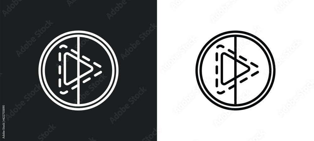 Aufkleber play button in broken line outline icon in white and black colors. play button in broken line flat v