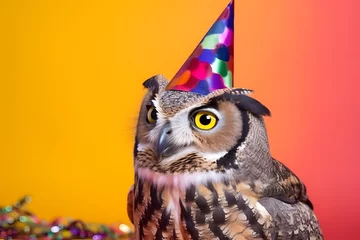 Photo sur Plexiglas Dessins animés de hibou Funny and friendly cute owl wearing a birthday party hat in studio, on a vibrant, colorful background. Generative AI