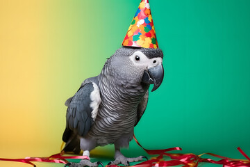 Funny and friendly cute parrot wearing a birthday party hat in studio, on a vibrant, colorful background. Generative AI
