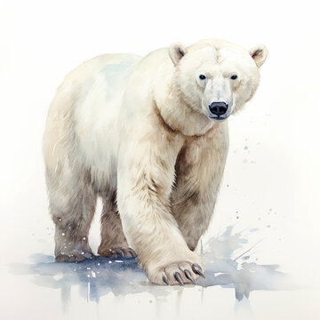 Beautiful white polar bear, ursus maritimus, on snow. Digital watercolour illustration over white background.