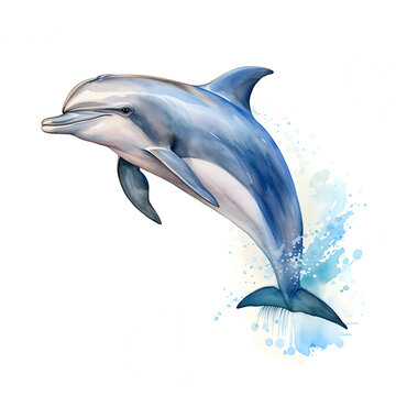 A bottlenose dolphin, Tursiops, leaps from the sea. Digital watercolor illustration on white background.