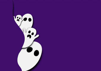 Happy Halloween concept. Cute white ghost characters on purple background for cards, banners, and web. Spooky expression. Papercut art.