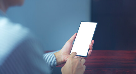 business man, successful Participate in online information search on mobile phone, in office, white background screen.