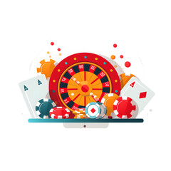 Designed by AI, this simplistic and cartoon vector graphic is ideal for use on Casin websites and blogs. It showcases a flat design of a computer screen displaying poker chips and cards.