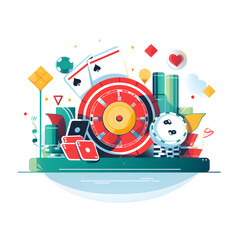 A vector illustration in minimalist, flat design, cartoon style, designed by AI. Perfect for Online Casino websites and blogs, this image features casino chips and cards.