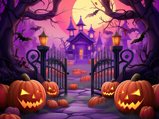 Immerse in the eerie allure of Halloween, as haunting houses, ghastly pumpkins, and a moonlit gate adorn a dark purple and light pink backdrop, casting a spellbinding ambiance