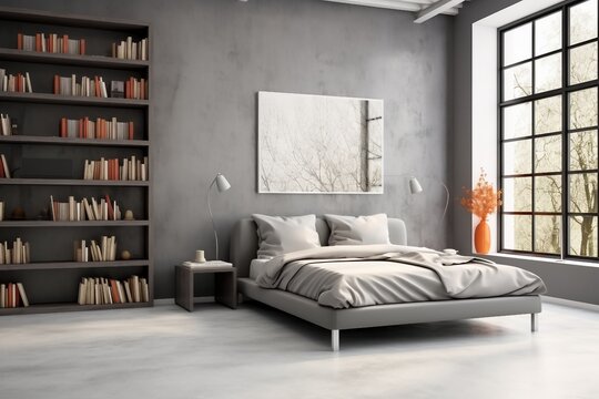 interior design, Grey living room with marble floor, bed and grey linens, side view. Light grey minimalist bedroom with shelves and books. created generative ai.