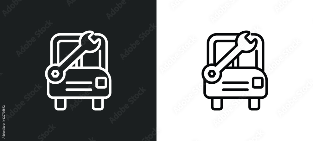 Poster repairing bus outline icon in white and black colors. repairing bus flat vector icon from mechanicon
