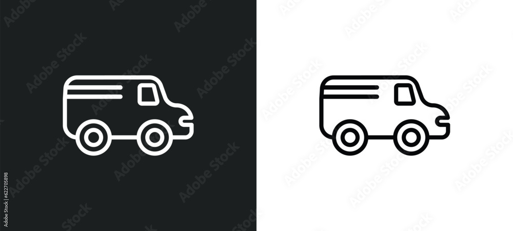 Poster van side view outline icon in white and black colors. van side view flat vector icon from mechanicon