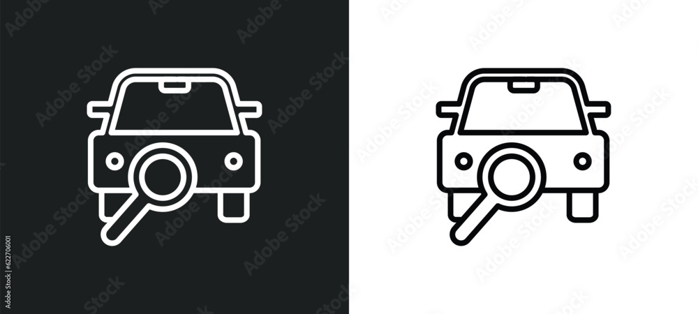 Poster searching for car outline icon in white and black colors. searching for car flat vector icon from me