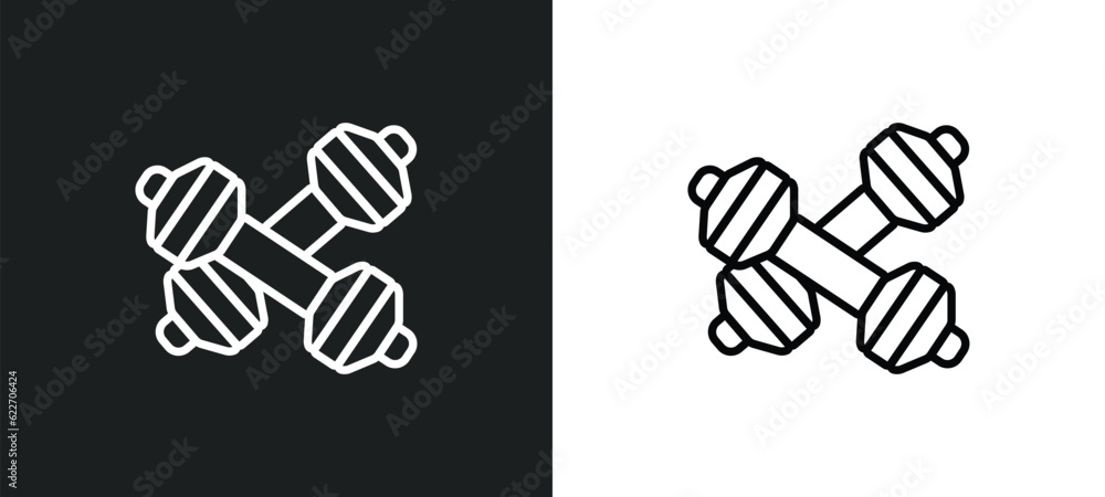 Poster two dumbbells outline icon in white and black colors. two dumbbells flat vector icon from measuremen
