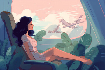 woman flight transportation plane trip passenger character cartoon seat window journey. Generative AI.