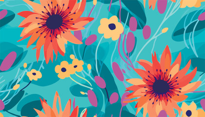 Fototapeta na wymiar Hand drawn dynamic artistic flowers print. Cute collage pattern. Fashionable template for design