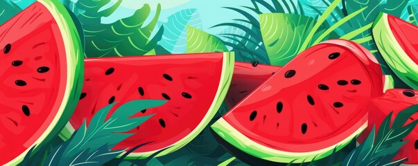 Bright summer pattern featuring sliced watermelon and tropical leaves, panorama. Generative Ai.