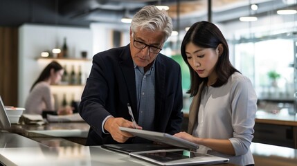 depictions of an older employee helping a younger co-worker with a tablet, laptop, or other office equipment.