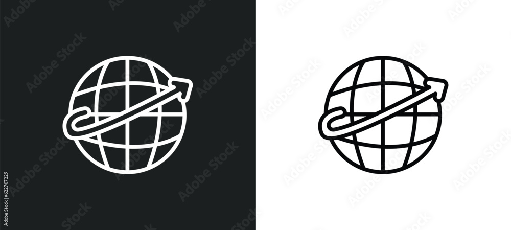 Poster arrow on globe outline icon in white and black colors. arrow on globe flat vector icon from maps and