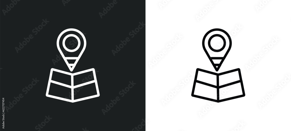 Poster folded map with position mark outline icon in white and black colors. folded map with position mark 