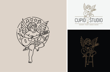 Baby Eros or Cupid Cherub Playing Guitar Illustration with Love Heart Arrow Music Notes for Musical Romance Wedding Band or Studio Record Logo Design