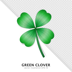 Realistic vector green clover isolated on transparent background. Cartoon trefoil as an Irish symbol, sign of luck, fortune and success. Decorative plant with leaves, shamrock for Saint Patrick Day