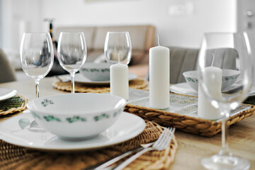 Fototapeta na wymiar Close up dinnerware served on dining table