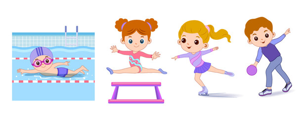 Fototapeta na wymiar Happy children playing sport game, doing physical exercise. Training set. Active healthy childhood. Flat vector cartoon illustration isolated on white background