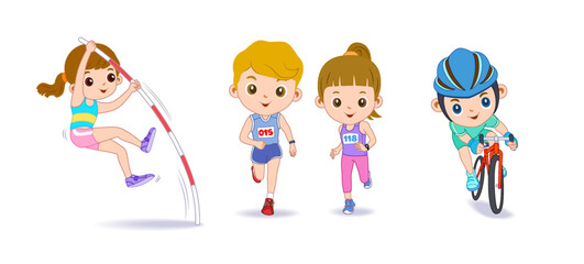 Happy children playing sport game, doing physical exercise. Training set. Active healthy childhood. Flat vector cartoon illustration isolated on white background