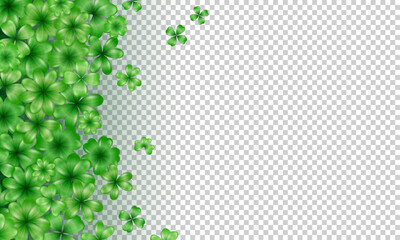 Template of blank transparent wallpaper with realistic green clovers border. Banner with cartoon trefoil as an Irish symbol, sign of luck, fortune. Background with shamrock for St Patrick Day