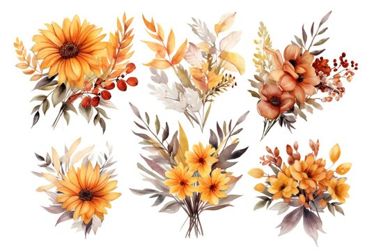 Watercolor Autumn Bouquets clip art on white background Generative AI 