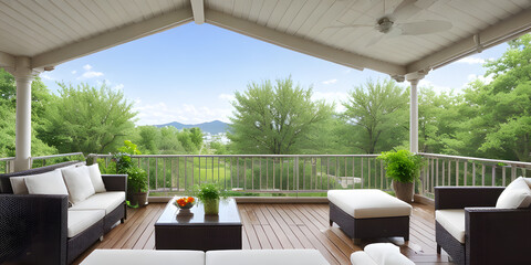 Sitting place in outdoor resort house terrace exterior with green foliage of trees