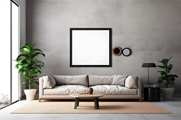 Scandinavian living room interior with blank mock up frame
