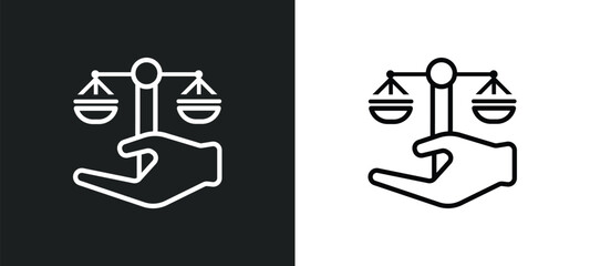 justice scales in hand outline icon in white and black colors. justice scales in hand flat vector icon from law and justice collection for web, mobile apps and ui.