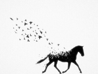 Running horse and flying birds. Dying animal, endangered species © arvitalya