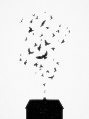 House silhouette. Flock of birds flies up. Abstract chimney smoke