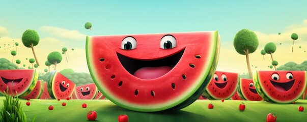 Smilling red fresh watermelon with black seeds in,  summer healthy food panorama. Generative Ai.