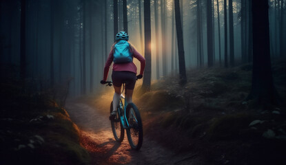 sunset woman bike cycling dark bicycle summer walking forest sport nature. Generative AI.