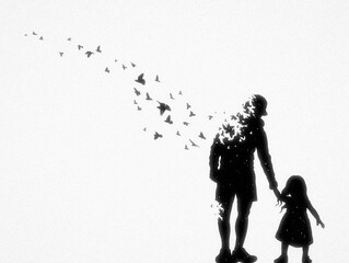 Father and daughter silhouette. Death and afterlife. Flying birds