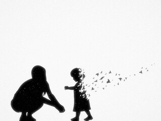 Mother and child silhouette. Dying girl and birds. Death and afterlife - 622708895