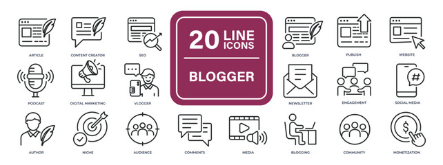 Blogger line icons. Editable stroke. For website marketing design, logo, app, template, ui, etc. Vector illustration.