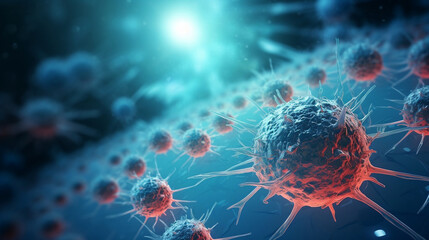 3D render: Corona virus - Schematic image of viruses of the Corona family in blue color. Created with Generative AI

