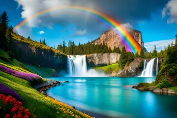 rainbow over the waterfall Generated with AI - Powered by Adobe