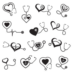 collection of medical halth care icons with stethoscope and heart isolated on white background