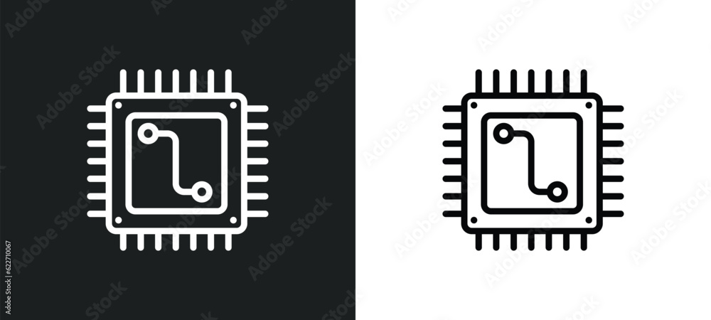 Poster microchip outline icon in white and black colors. microchip flat vector icon from networking collect