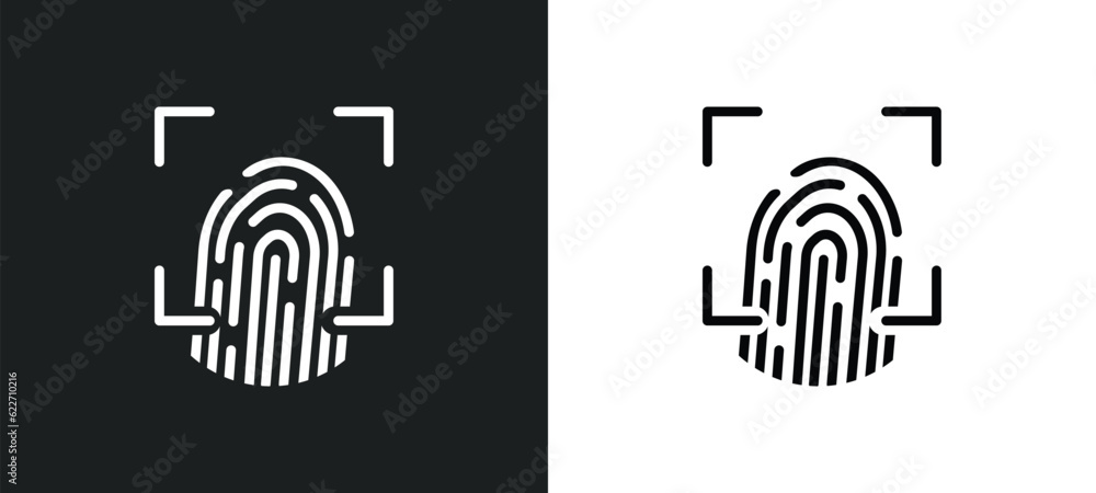 Poster fingerprint scan outline icon in white and black colors. fingerprint scan flat vector icon from inte