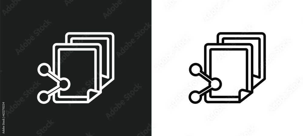 Poster file sharing outline icon in white and black colors. file sharing flat vector icon from networking c